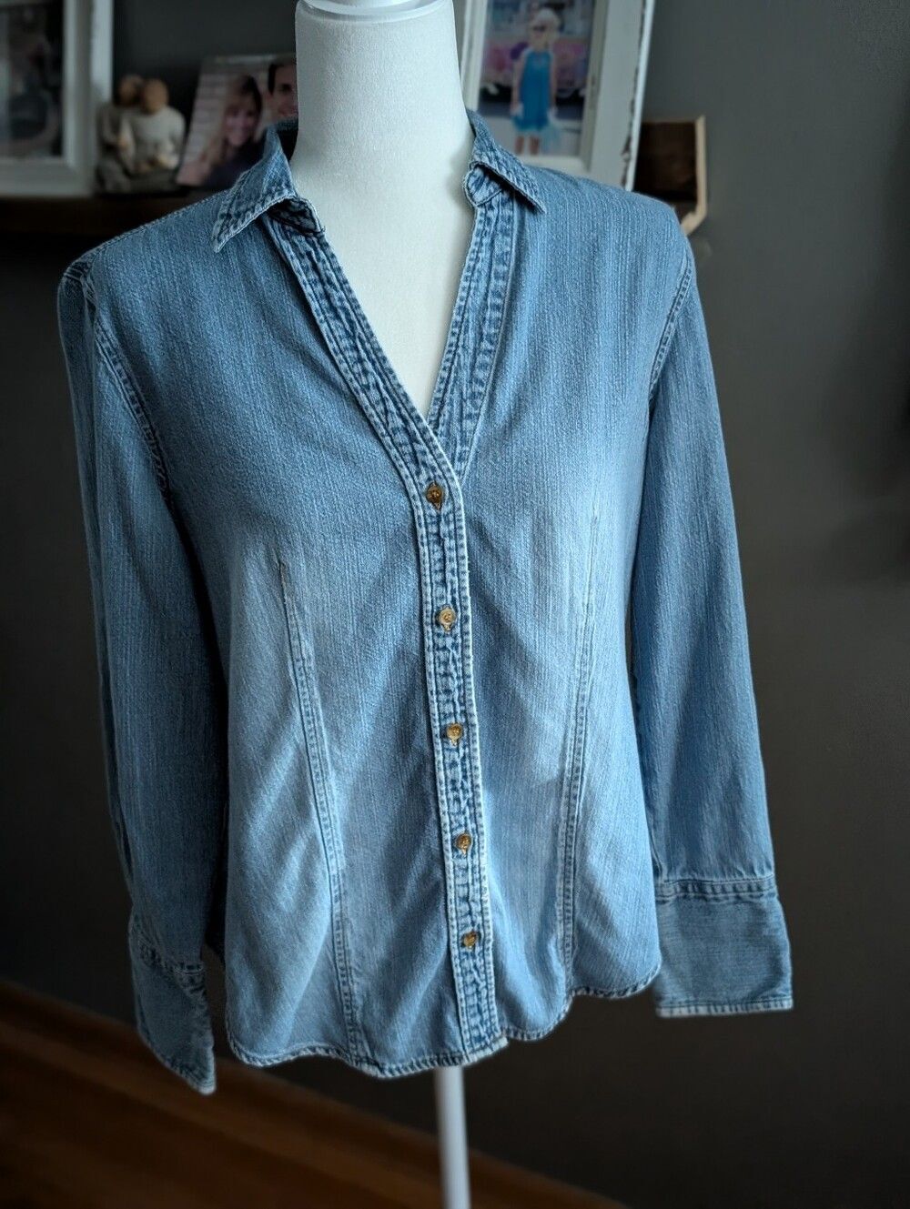 Coastal Grandma Denim Button Down Shirt V-Neck Chambray Western Blouse L